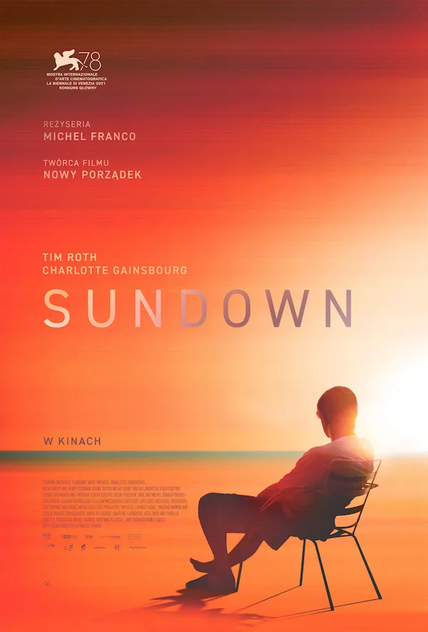 Plakat "Sundown". Mężczyzna siedzący na krześle.