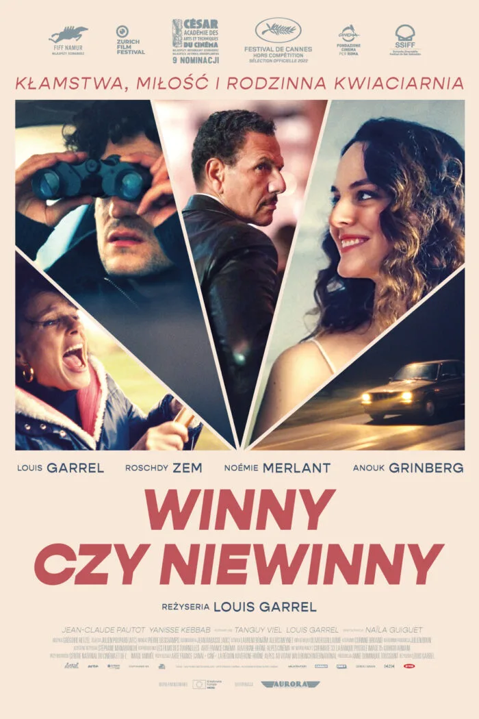 Plakat filmowy. Grafika przedstawia ułożone w wachlarz zdjęcia: dwa portrety kobiet, dwa zdjęcia mężczyzn oraz zdjęcie jadącego auta. Napis w kolorze czerwonym "Winny czy niewinny"