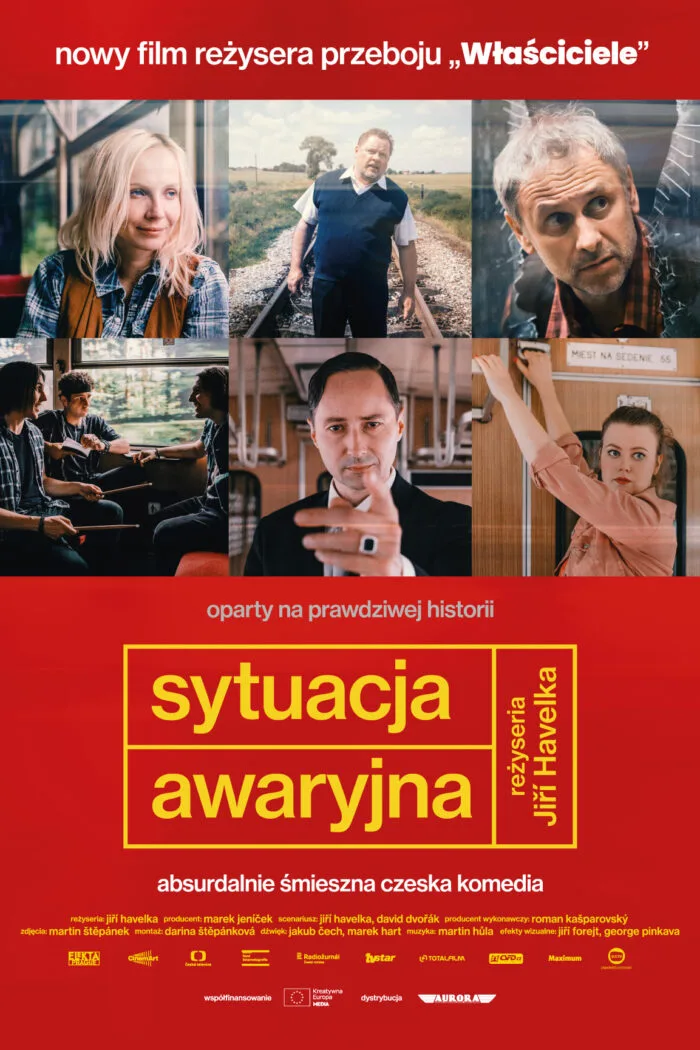 Plakat promujący film "Sytuacja awaryjna", składajacy się z napisów i sześciu kadrów z filmu.