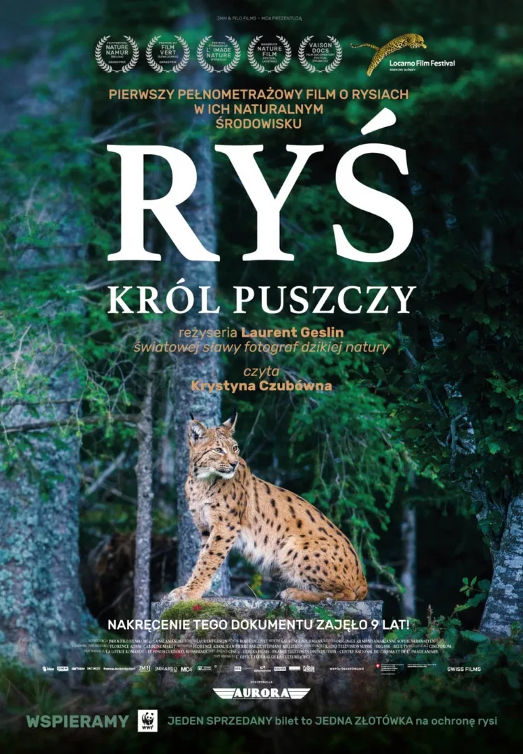 Plakat promujący film, przedstawia rysia na tle lasu.