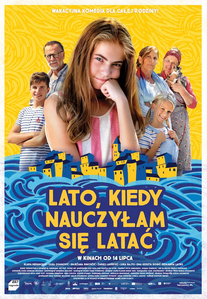 Plakat promujący film. Nastolatka, podpiera brodę dłonią. W tle inne postaci. Pod nimi narysowane fale.