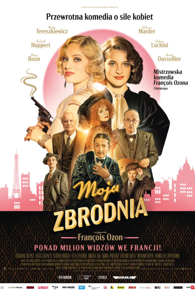 Plakat promujący film "Moja zbrodnia", przedstawiający sześć postaci z filmu - 3 mężczyzn i 3 kobiety.