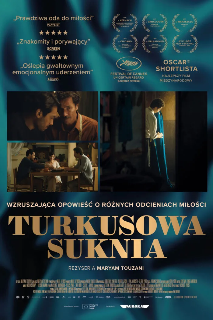 Plakat promujący film. Zawiera 3 kadry z filmu: jeden przedstawia dwóch zwróconych do siebie mężczyzn, drugi mężczyznę dotykającego turkusową suknię, trzeci mężczyzn i kobietę siedzących przy stole.