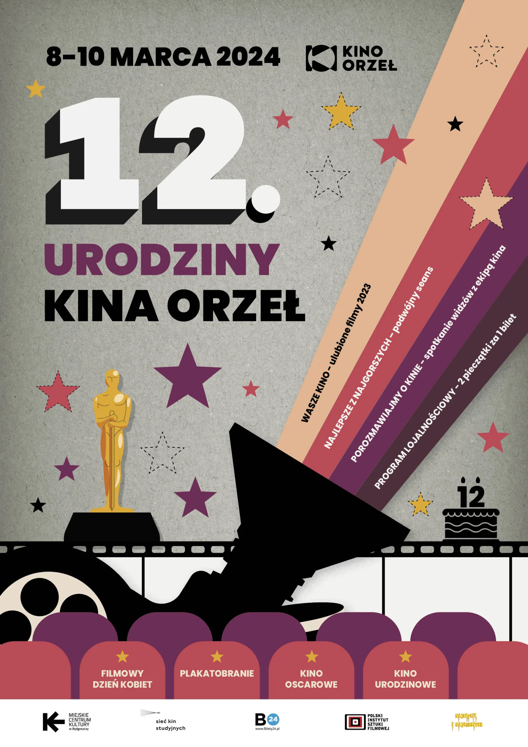 plakat. widać krzesła na widowni i projektor kinowy, z którego padają różnokolorowe smugi światła