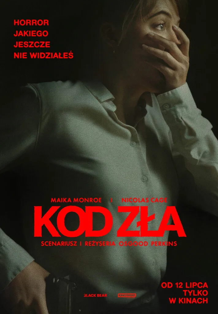 plakat. kobieta w białej koszuli, zasłania ręką usta w geście przerażenia