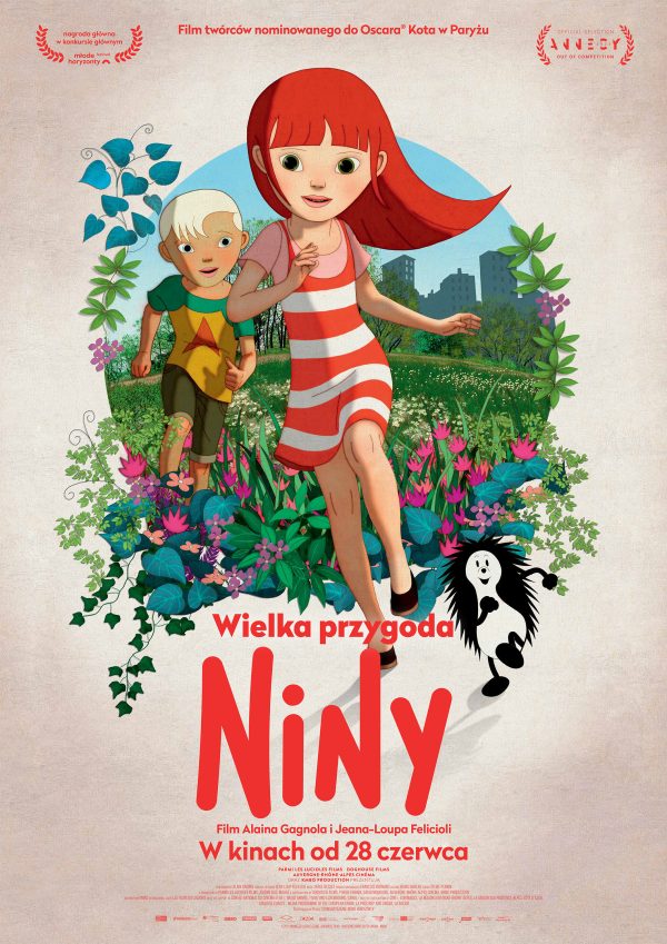 plakat filmu animowanego. dziewczynka z rudymi włosami w sukience w czerwone paski biegnie, za nią chłopiec, wokół nich kwiaty i łąka.