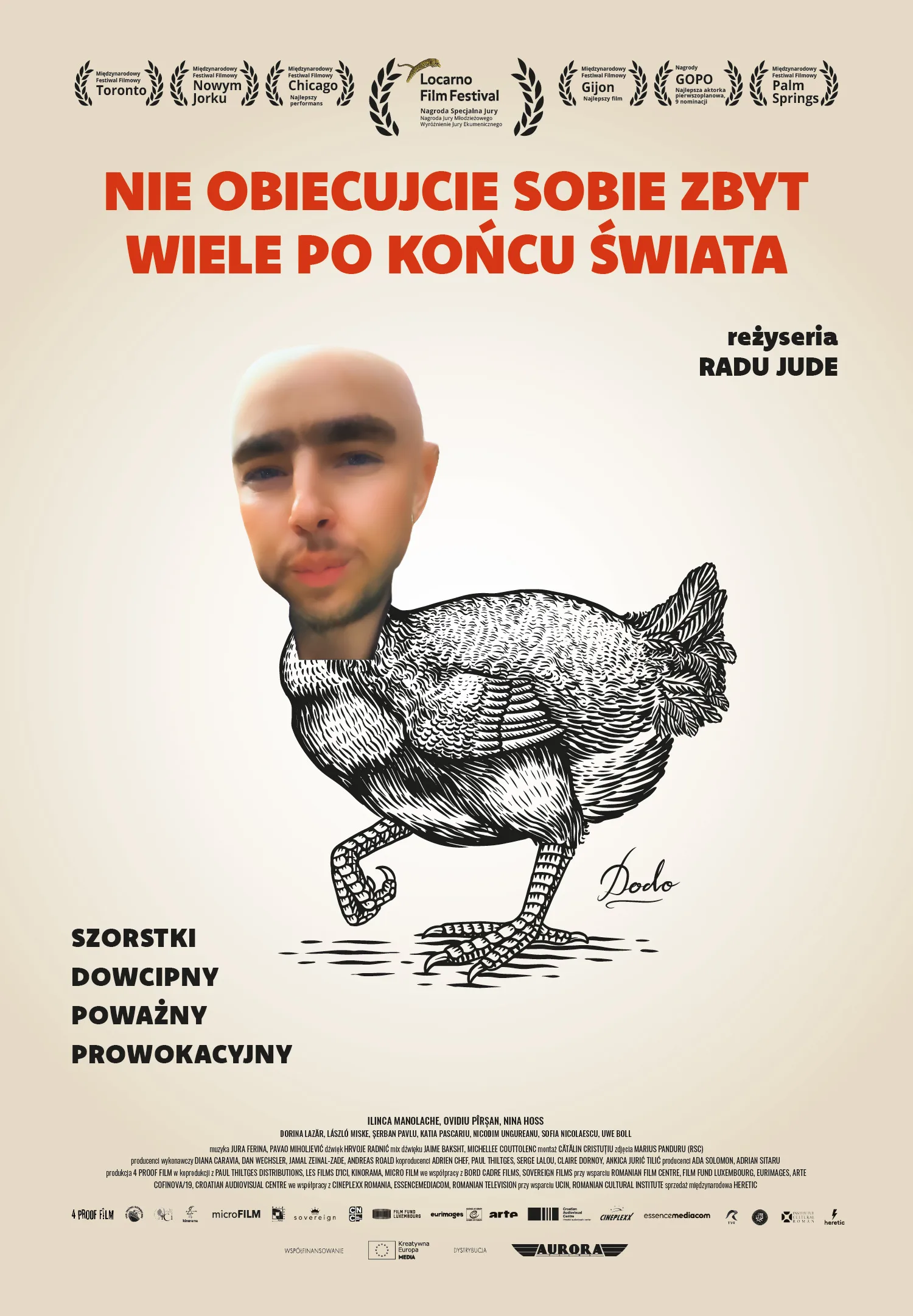 plakat. rysunek kury, z doklejoną twarzą mężczyzny