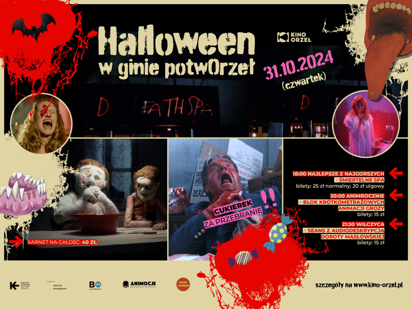 plakat z 4 grafikami w horrorów - twarz blondynki z plamą kri na oku, mężczyzna duszony przez okrwawione ręce, kobieta w koszuli nocnej we fioletowym świetle. dwie postaci z filmu animowanego, wyglądające nieco jak mumie.