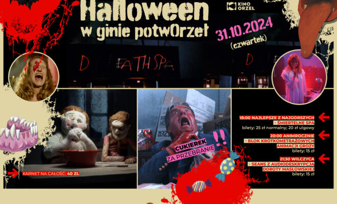 plakat z 4 grafikami w horrorów - twarz blondynki z plamą kri na oku, mężczyzna duszony przez okrwawione ręce, kobieta w koszuli nocnej we fioletowym świetle. dwie postaci z filmu animowanego, wyglądające nieco jak mumie.