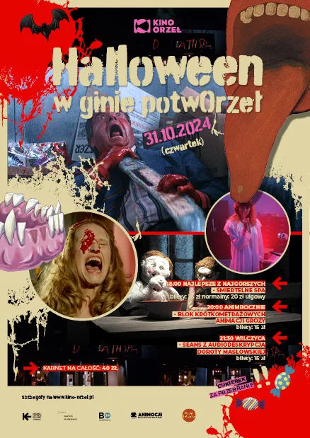 plakat z 4 grafikami w horrorów - twarz blondynki z plamą kri na oku, mężczyzna duszony przez okrwawione ręce, kobieta w koszuli nocnej we fioletowym świetle. dwie postaci z filmu animowanego, wyglądające nieco jak mumie.