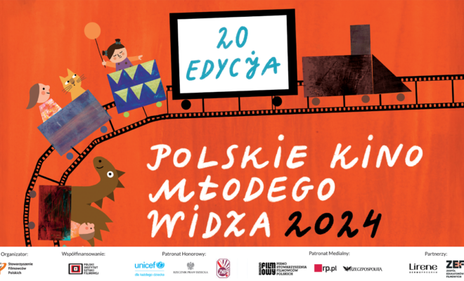 plansza promująca program polskie kino młodego widza. kolejna z postaciami na torach.