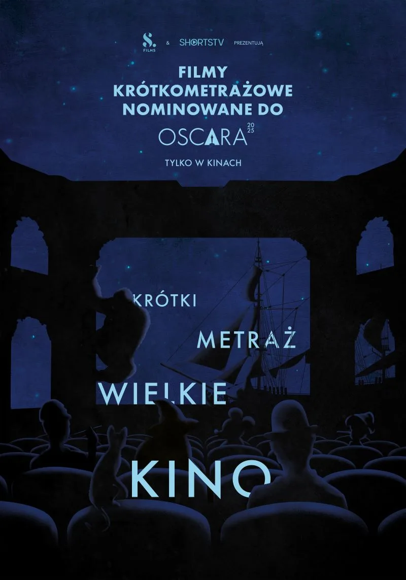 plakat. nocne niebo, na jego tle statek i konstrukcja budynku, po której wspina się jakaś postać. bliżej - widownia i widzowie.